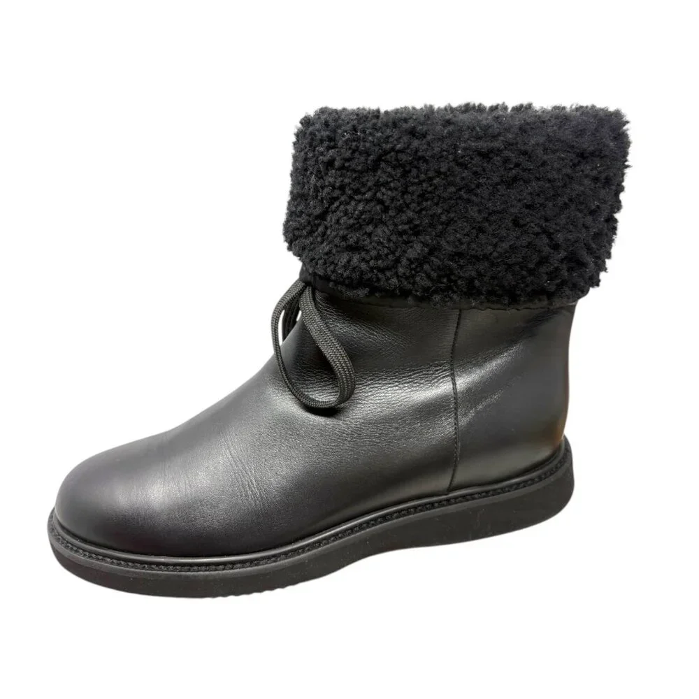 Aquatalia Heidy Black Leather Shearling Waterproof Wedge Booties‎